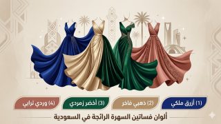 تصميم فني أنيق يستعرض لوحة ألوان فساتين السهرة الفاخرة والرائجة في السعودية هذا الموسم مثل الأخضر الزمردي والأزرق الملكي