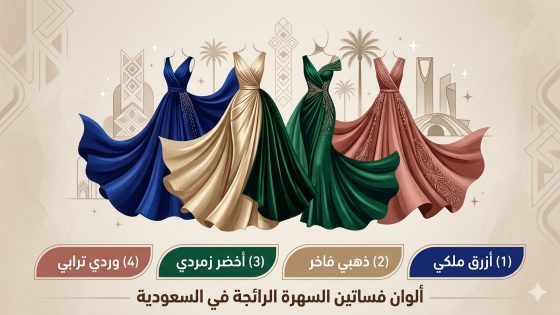 تصميم فني أنيق يستعرض لوحة ألوان فساتين السهرة الفاخرة والرائجة في السعودية هذا الموسم مثل الأخضر الزمردي والأزرق الملكي