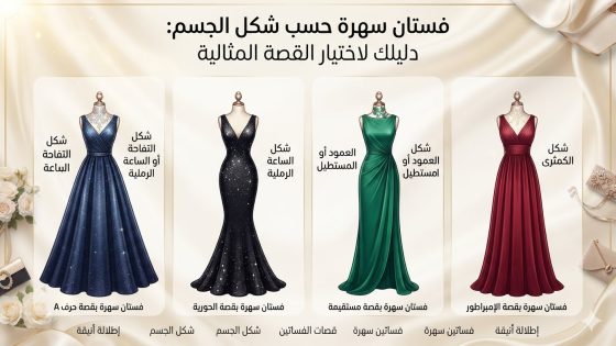 تصميم توضيحي لقصات فساتين سهرة متنوعة وطريقة اختيار الفستان المناسب حسب شكل الجسم