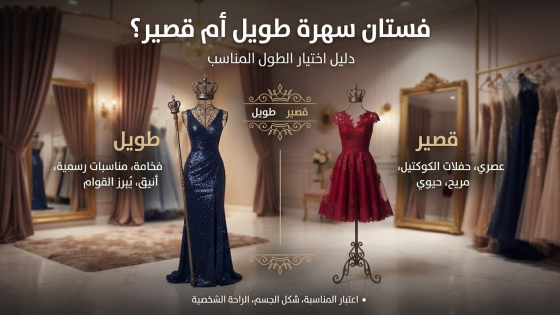 فستان سهرة طويل وفستان قصير على مانيكان ملكي في متجر فساتين.