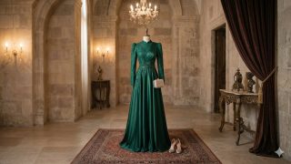 تصميم سنمائي فخم لفستان سهرة محتشم ذو أكمام طويلة وتطريز راقٍ يعبر عن إطلالات المناسبات الرسمية